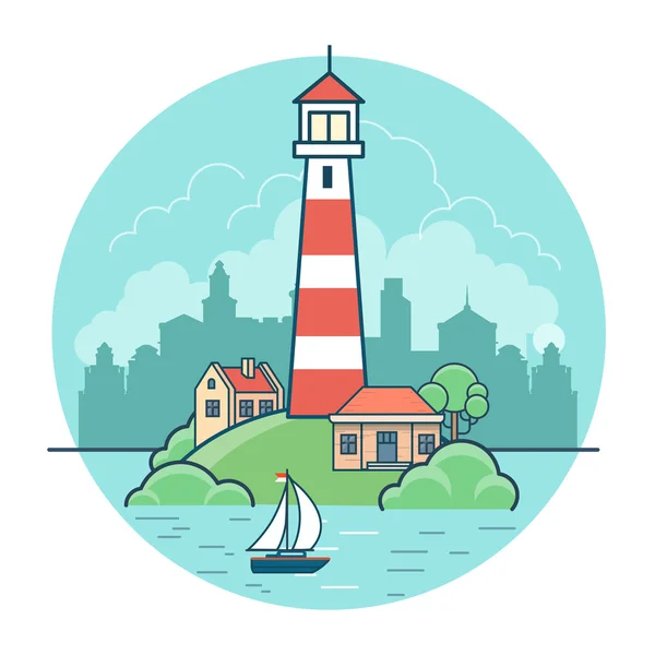 Lighthouse and cottage houses — Stock Vector