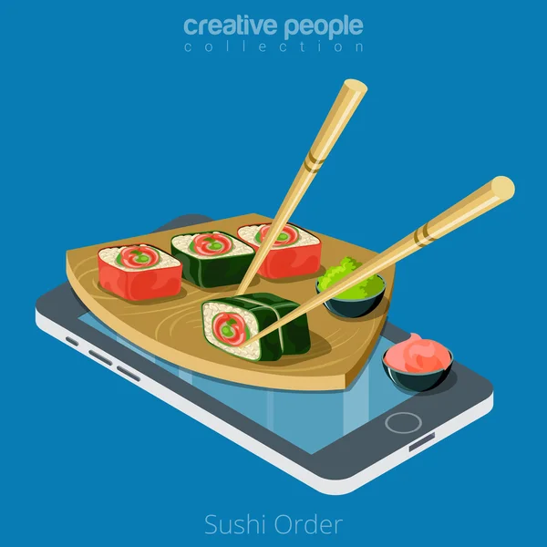 Sushi e bacchette su smartphone — Vettoriale Stock