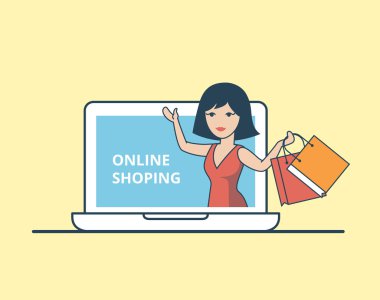 woman with purchase bags in huge laptop