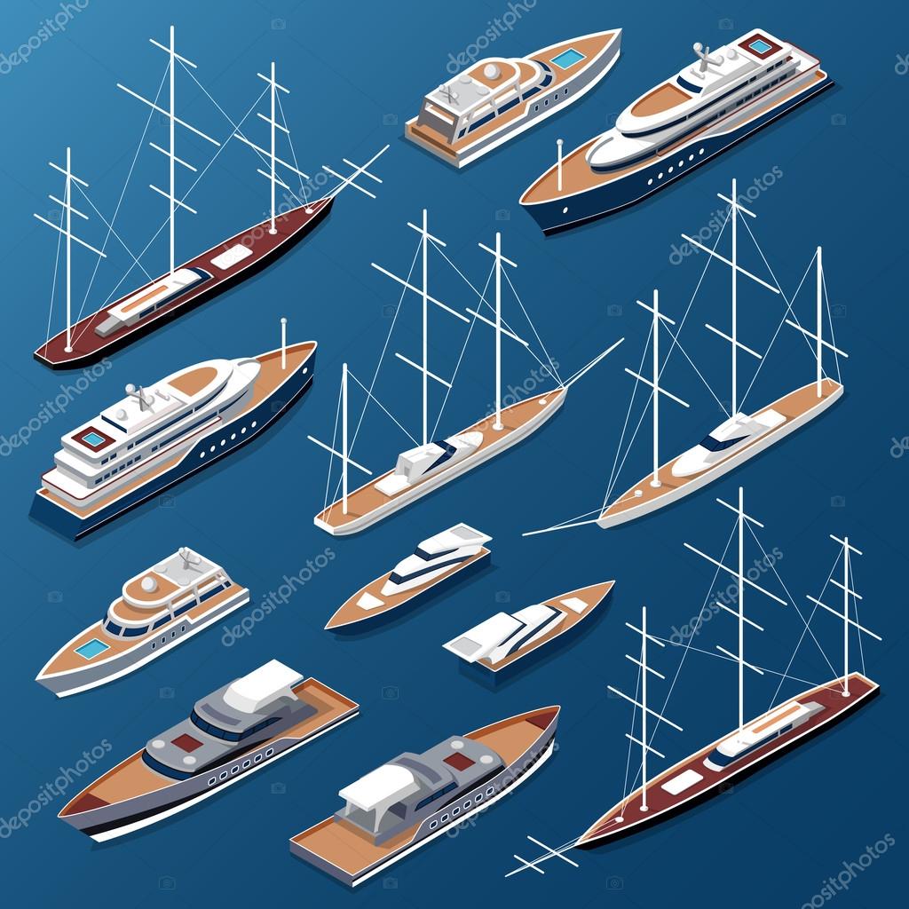Barche e yacht piatti isometrici