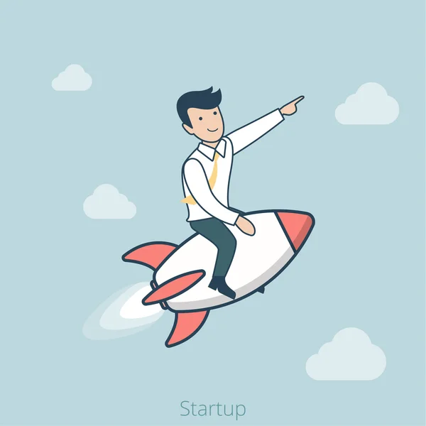 Businessman on rocket flying up in sky — Stock Vector