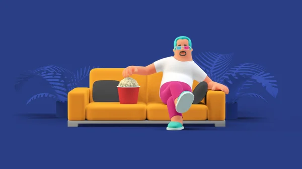 Man Zit Bank Bril Eten Popcorn Kijken Video Game — Stockfoto