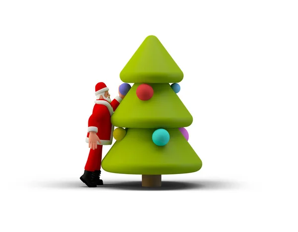 圣诞老人在白色的背景上装饰圣诞树 新年快乐圣诞快乐概念3D图解 — 图库照片