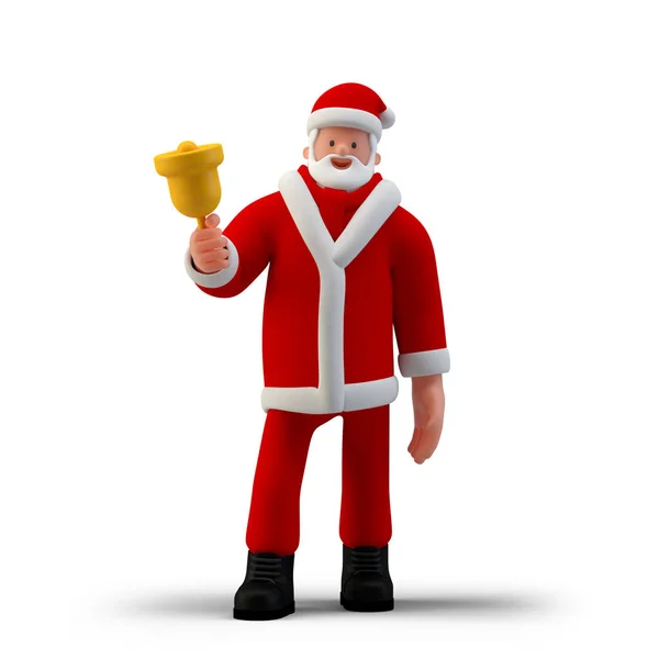 Santa Claus Con Campana Navidad Pie Sobre Fondo Blanco Vista — Foto de Stock