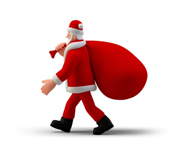 Santa Claus Chůze Pytlem Taška Bílém Pozadí Boční Pohled Šťastný — Stock fotografie