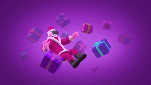 Santa Claus Flying Virtual Reality Space Glasses Gifts Boxes Ultraviolet — Stock Photo, Image