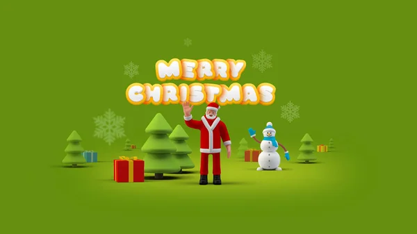 Santa Claus Вітання Сноуменом Стоїть Поруч Christmas Trees Gifts Зеленому — стокове фото