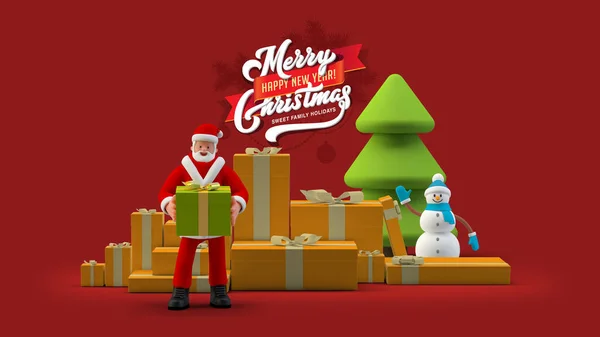 Mikulás Áll Ajándék Ajándék Dobozok Hóember Karácsonyfa Illusztráció Boldog Karácsonyt — Stock Fotó