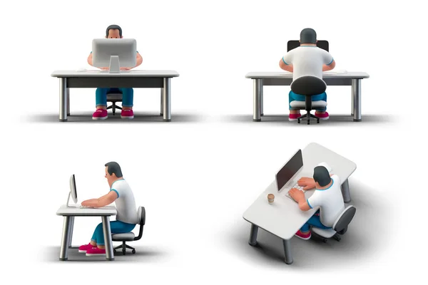 编码器程序员坐在桌旁 桌上有台式计算机监视器 输入编码3D渲染图形前侧面等距视图 — 图库照片