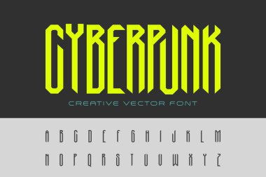 Teknoloji Siberpunk Yazı Tipi tasarım vektörü. Yüksek teknolojili Siber Robot Dijital Sanal Gerçeklik Yapay Zeka Futuristik Stil Yazı tipi Harfler ve Sayılar.