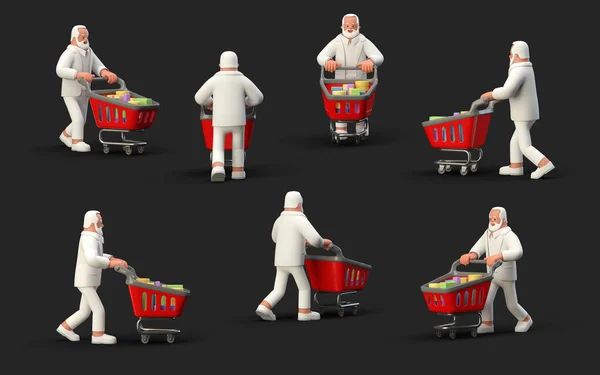 Man Walking Shopping Cart Different Views Isolated Black Background Illustration — Fotografia de Stock