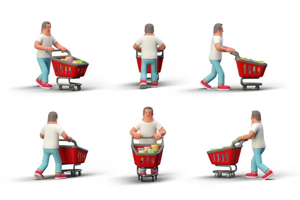 Man Walking Shopping Cart Different Views Isolated Black Background Illustration — Stock Fotó