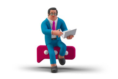 İleti Tabelasında oturan ve dizüstü bilgisayardaki Sohbet Mesajı yazan iş adamı, Beyaz Arkaplan 3D illüstrasyonunda izole edilmiş. 3B insan koleksiyonu