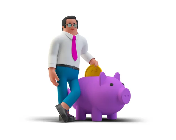 Zakenman Getting Putting Money Coin Piggy Bank Geïsoleerd Witte Achtergrond — Stockfoto