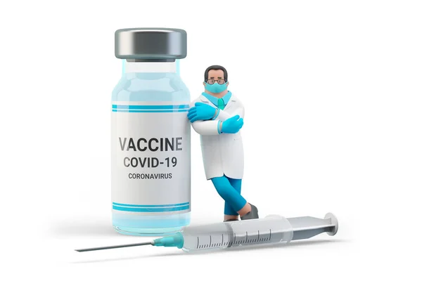 Doctor Standing Bottle Vaccine Covid Coronavirus Syring Aislados Sobre Fondo — Foto de Stock