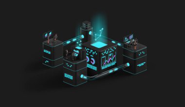 Yapay Zeka Büyük Veri Analizi İşlemi. Hitech Dijital Teknoloji Sinir Ağı konsepti. İş İstatistikleri Analitik Analiz Merkezi 3D oluşturma grafikleriyle çalışan insanlar
