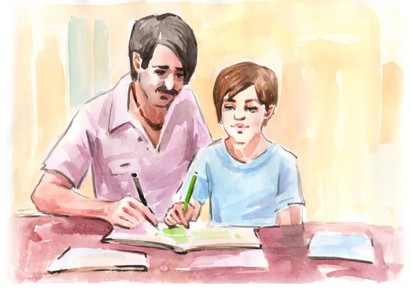 Отец и мальчик делают домашнее задание — стоковое фото