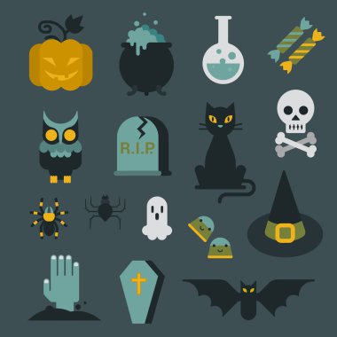 Cadılar Bayramı düz simgesi modern stil tasarlamak yaratıcı şablon koleksiyonu ayarla. Yarasa örümcek sihirbaz kafatası kabak kedi zehir mezar göz hediye kutusu mum tabut baykuş.