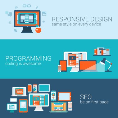 Web design programming SEO concept flat web banners templates set. Responsive style css coding php javascript cms promote search engine optimization vector illustration website infographics elements. clipart svg vector 