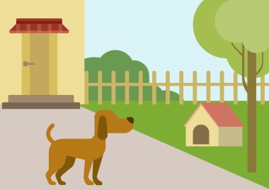 Dog on courtyard with doghouse flat design clipart