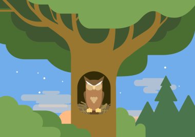 Owl in a hollow tree, forest habitat clipart