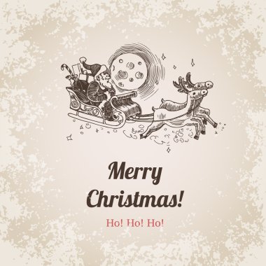 Kızak elks Noel ve yeni yıl handdrawn stil kartpostal, poster ya da web banner şablon oyma ile Noel Baba. Web sitesi vektör kalem ve kurşun kalem kağıt boyama retro ve vintage tarzı çapraz tarama.