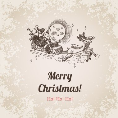 Santa on sledge with elks Christmas and New Year handdrawn engraving style postcard, poster or web banner template. Web site vector pen and pencil crosshatch paper painting in retro and vintage style. clipart