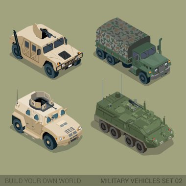 3D askeri ransport Icon set.