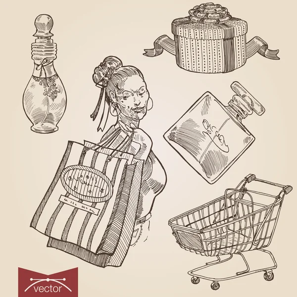 Vintage lineart shopping gifts set. — Stock Vector