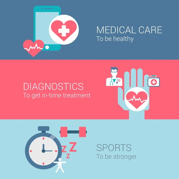 Diagnósticos de cuidados médicos ícones planos — Vetor de Stock