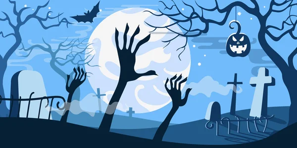 Concept d'Halloween, cimetière avec des mains zombies — Image vectorielle