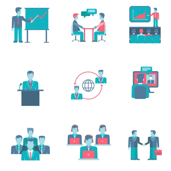 Vlakke stijl ondernemers cijfers infographics gebruiker interface pictogrammen instellen presentatie verslag toespraak chat onderhandelingen video conference call team partnerschap geïsoleerd vector illustratie collectie. — Stockvector