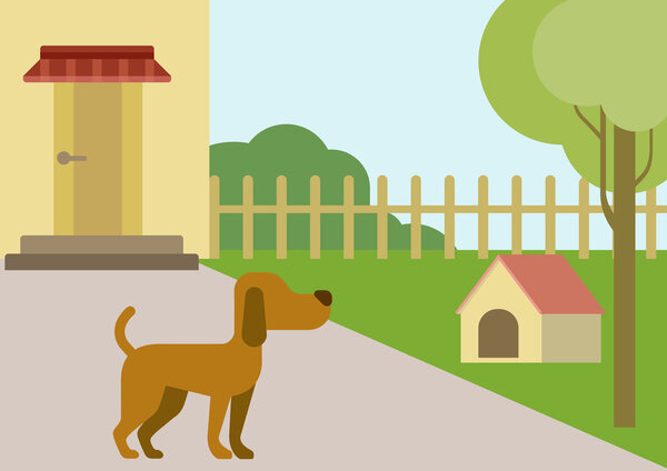 Dog on courtyard with doghouse flat design