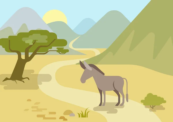 Burro en las montañas hábitat diseño plano — Vector de stock