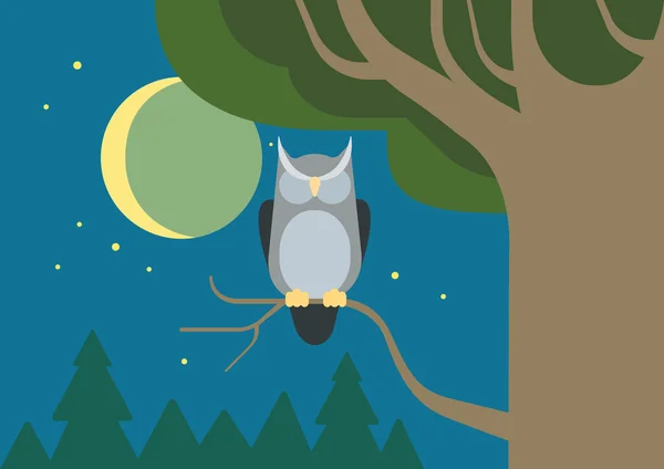 Búho en un árbol hueco en el bosque nocturno — Vector de stock