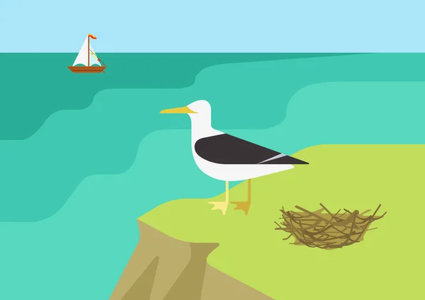 Seagull in de buurt van nest op het strand — Stockvector