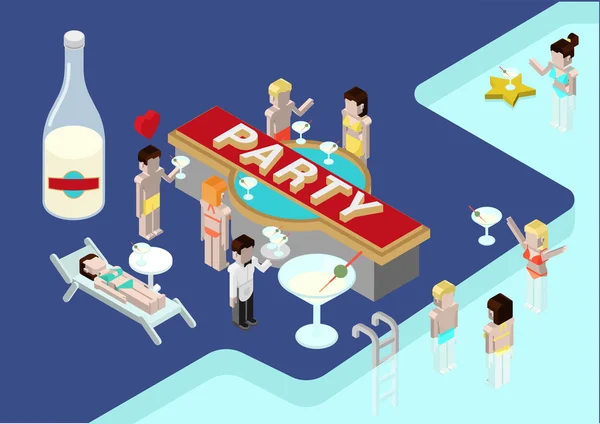 Isometric Alcohol pool party — ストックベクタ