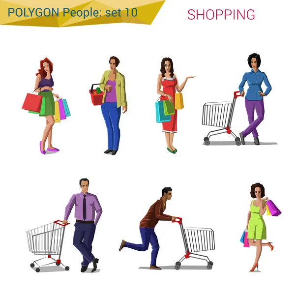 Polygonal style people shopping set. — Stock Vector