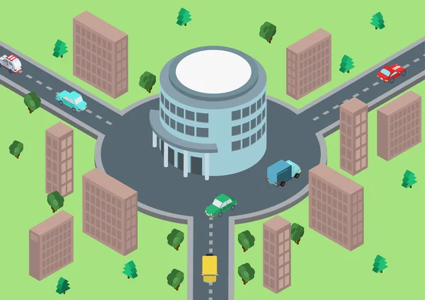 Conexión circular por carretera con el edificio de oficinas — Vector de stock