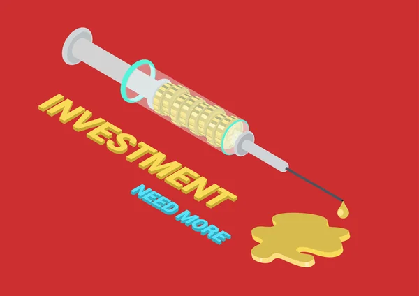 Flache 3d isometrisches Konzept Web-Infografik Investitionsprozess. Spritze mit Finanzgeld Münzen Injektion Schuss, goldene Pfütze und Goldtropfen. konzeptioneller Vektor für die Sucht nach Unternehmensfinanzierung. — Stockillustration Spritze mit Finanzierungsgeld — Stockvektor