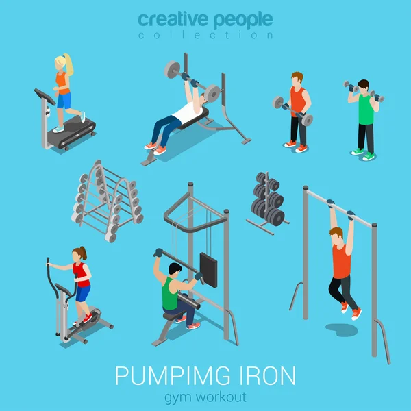 Sportsmen pumping iron in gym — Stock Vector