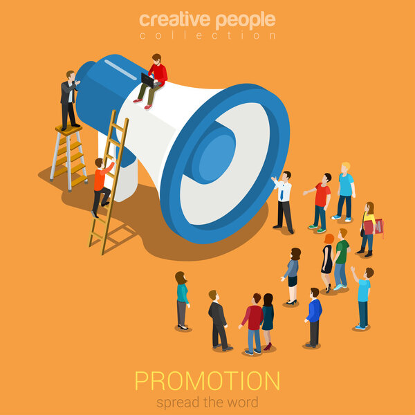 Огромные громкоговорители микро-люди слушают
