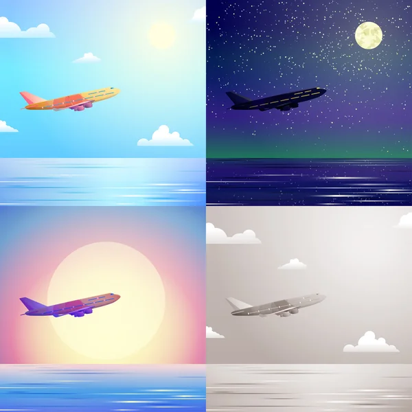 平的飞机飞过海 — 图库矢量图片