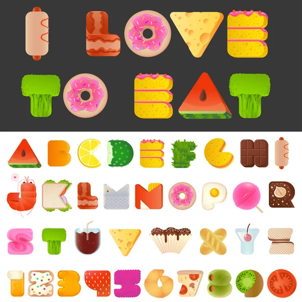 Lekker eten letters en cijfers lettertype. — Stockvector