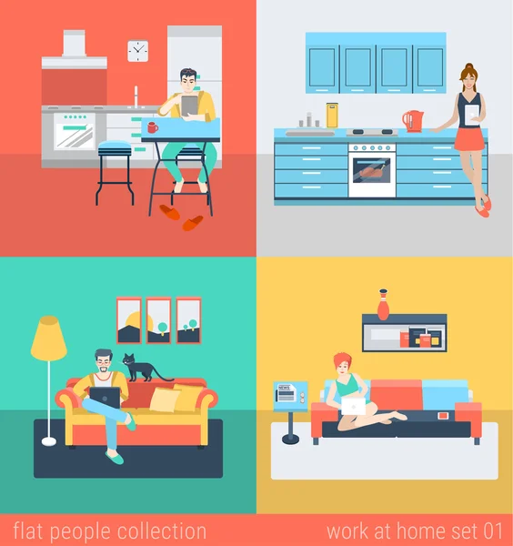 Set of man woman freelance homework — Stock Vector