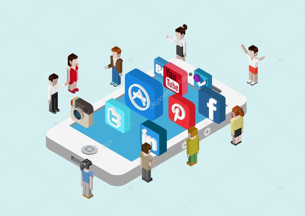 Flat style 3D isometric vector illustration concept of Apple iPhone with micro people and social media apps Instagram, twitter, Apple AppStore, facebook, Pinterest, YouTube etc.