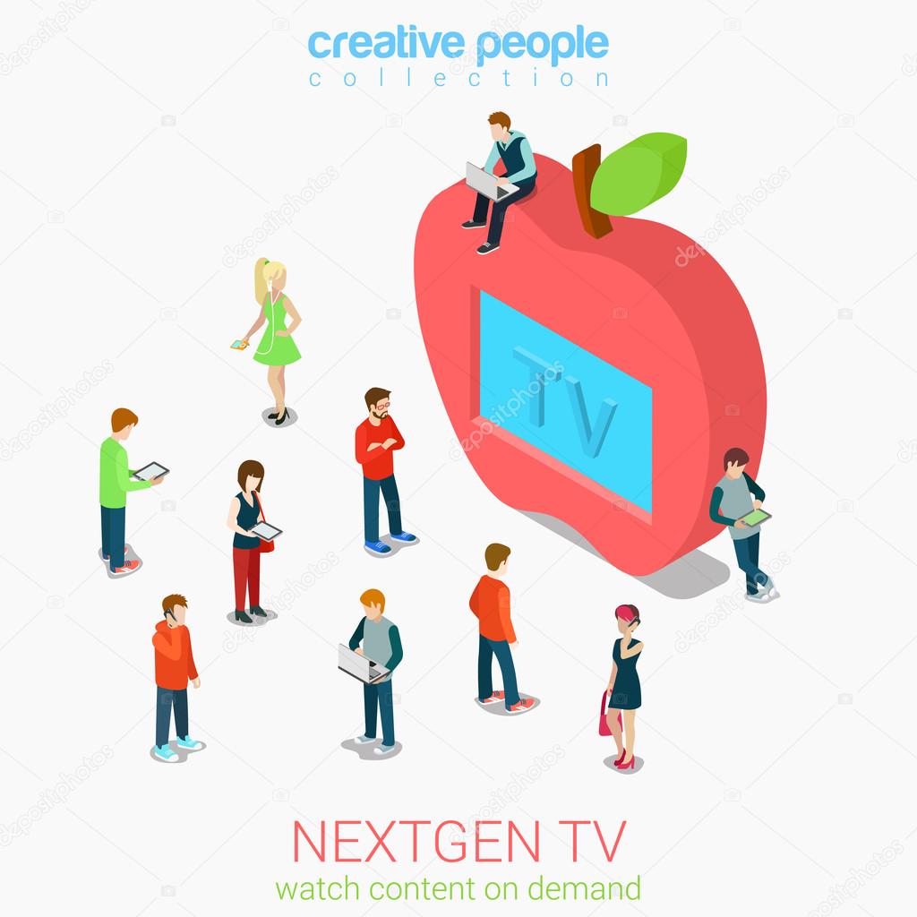 Nextgen online internet tv flat 3d web isometric infographic vector. Next generation television. Micro people crowd before huge apple shaped tv set screen. Creative people collection.