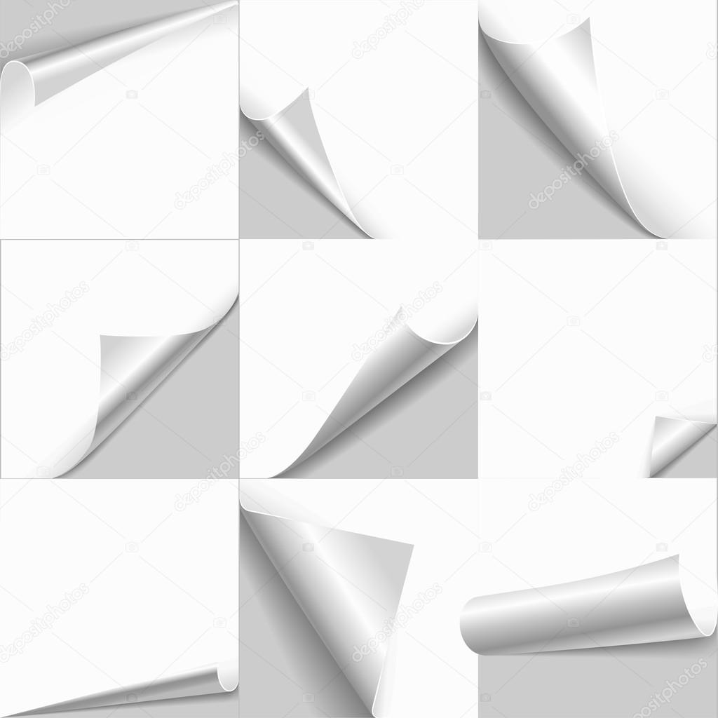 Creative page curl rolled set. Web background templates of empty white papers with flip edges. Copy space for text, logo, header, product.