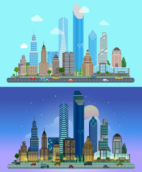 Flat cartoon skyscraper set — Stok Vektör