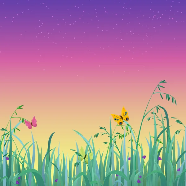 蝴蝶在草地上黄昏背景 — 图库矢量图片